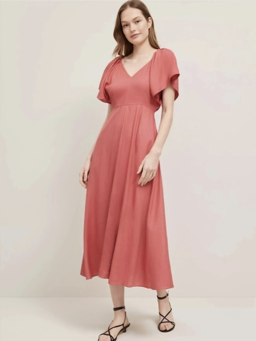 ANN TAYLOR Coral Midi Dress with V-Neck and Flutter Sleeves